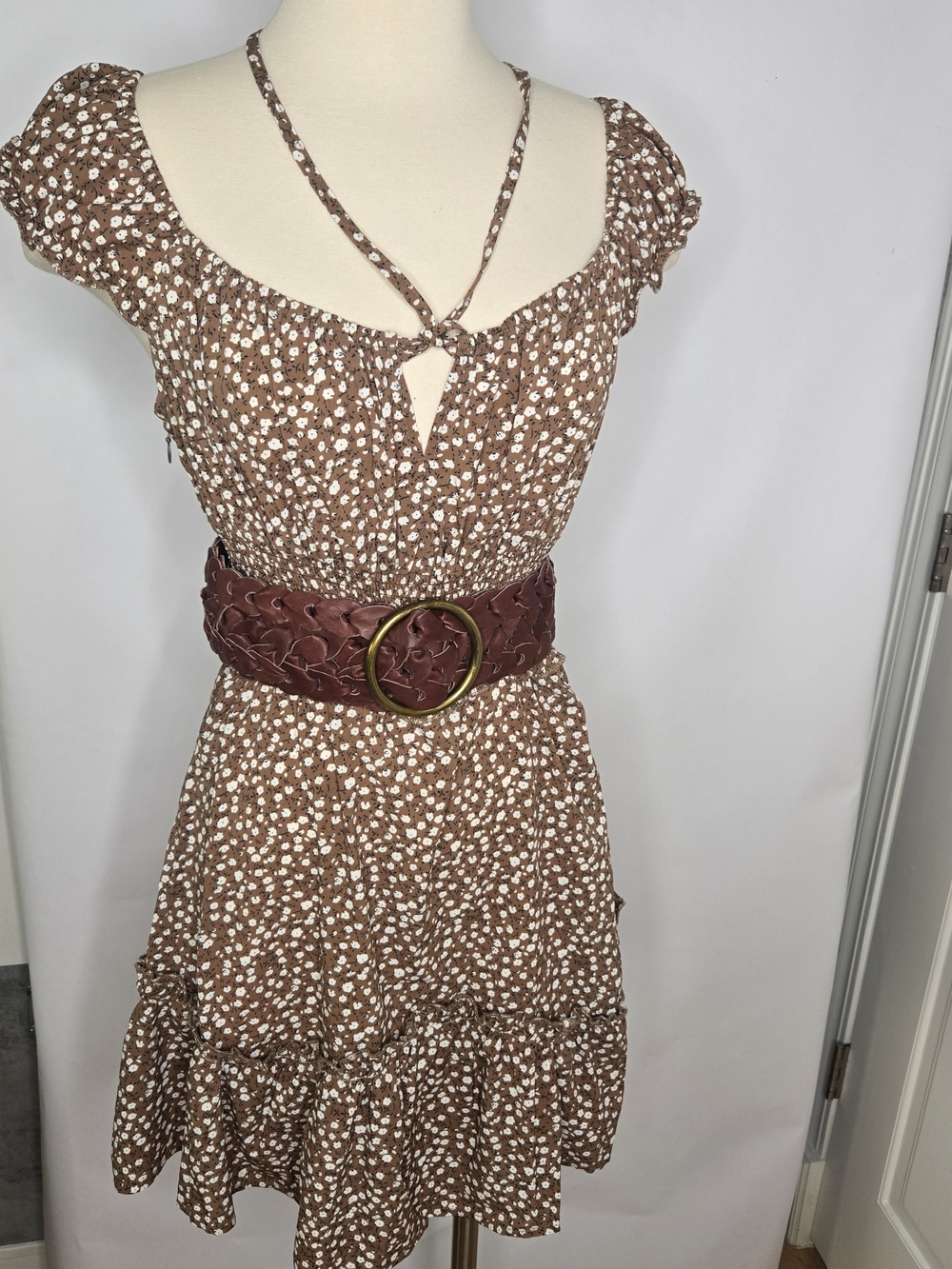 Brown And White  Tie-Neck Sundress.
